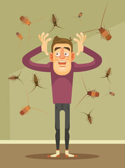 Invasion of cockroaches. Scared man character. Vector flat cartoon illustration