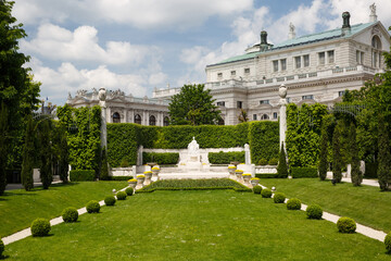 Volksgarten or People Garden with Empress Elizabeth Monument of Hofburg Palace, Vienna in Austria