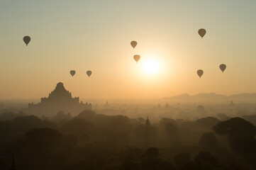 Hot air balloons with sun rise in Bagan Mandalay region, Myanmar (Burmar)