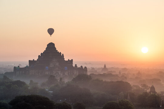 Hot air balloons with sun rise in Bagan Mandalay region, Myanmar (Burmar)