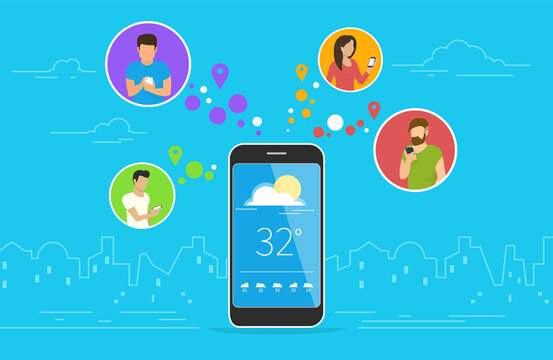 Weather forecast concept design. Flat vector illustration of men and women in circle icons using smartphone mobile app for tracking weekly weather forecast via application. Mobile technologies banner