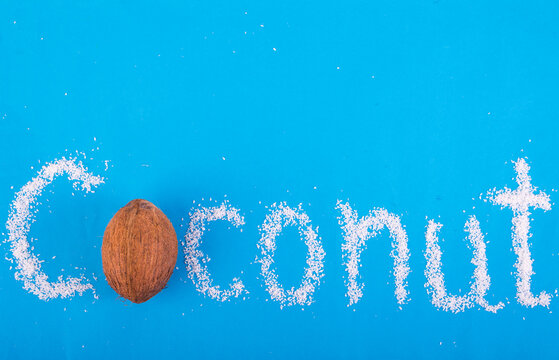 Coconut with a bright background. Text of coconut