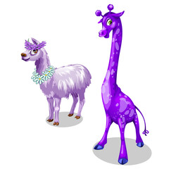 Funny giraffe and Lama in purple color. Vector