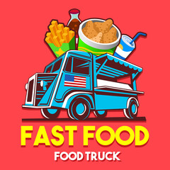 Food truck logotype for fast food restaurant delivery service or food festival. Truck van with food advertise ads vector logo