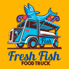 Naklejka premium Food truck logotype for fish shop fishmonger fast delivery service or food festival. Truck van with advertise ads vector logo