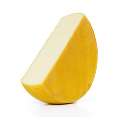 Cut piece of round cheese on white background. File contains a path to isolation.