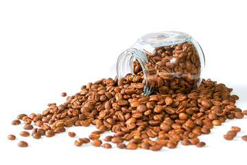 Coffee bean with glass bottle on white background