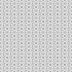Vector illustration of a seamless texture of a vintage pattern of black contour lines, circles, asterisks, rectangles with abstract symbols on a white background