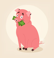 Happy smiling piggy bank character with money. Vector flat cartoon illustration