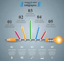 3D Infographic. Bulb and Pencil icon.