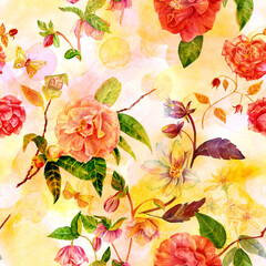 Vintage style seamless pattern with watercolor flowers and butte