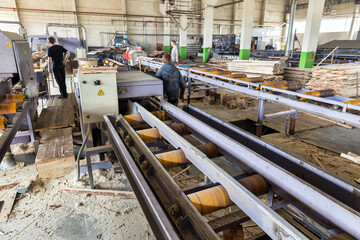 Sawmill. The process of cutting logs into boards. Automatic line sawing