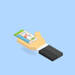 A man's hand with a map of the gps. Vector isometric illustration.
