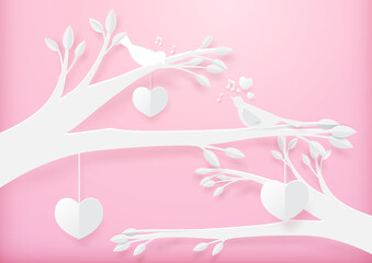 Paper art Cute heart shape mobile hanging with branches and Couple birds in love background