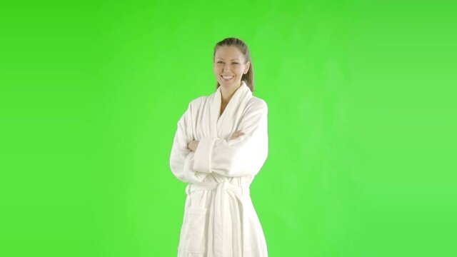 caucasian woman greenscreen cut out bathrobe beauty health