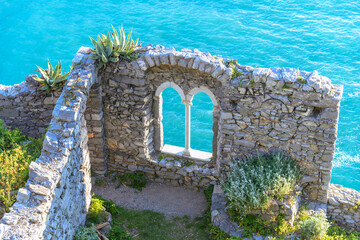 Crystal sea water from the cliff of the castle of Portovenere in Liguria, Italy near the city of  La Spezia.