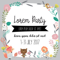 Colorful greeting card with bear,bird,fox,lion,owl,flower,leaf and plant