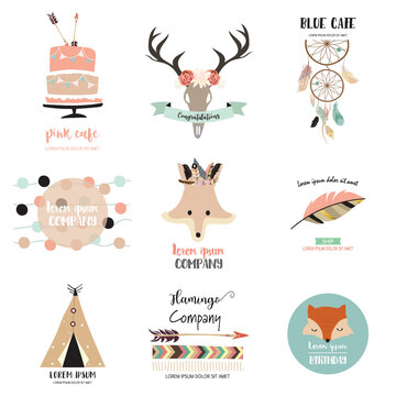 Cute logo design with indian tent,feather,fox,wild,cake and arrow