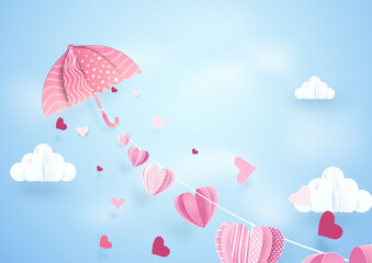 Paper art fly umbrella hanging string with hearts mobile on clouds sky background