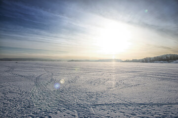 Landscape, winter morning Ladoga lake, Russia.