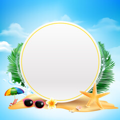 Fototapeta premium Blank circle with copy space Starfish flower palm leaf sand with copyspace and summer beach element over cloud and blue sky background vector illustration