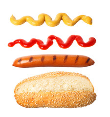 hot dog ingredients in the air