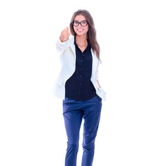 Business woman point finger at you looking at camera. Isolated on white background
