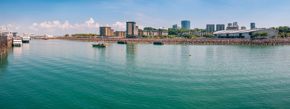 The Darwin waterfront is a popular place for restaurants, shops, water sports, and cruise ships in the capital city of the Northern Territory, Australia.