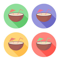 Coconut fruit with straw and umbrella on circle icon set in flat vector style isolated on the white background