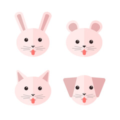 Vector flat animals showing their tongues: dog, cat, rabbit and hamster. Icon set.