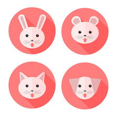 Vector flat animals on circles showing their tongues: dog, cat, rabbit and hamster. Icon set.