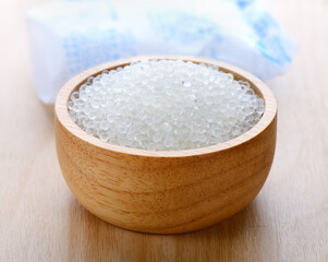 Silica gel in wood bowl