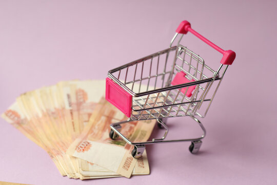 
A cart from the store with money. Money for purchases