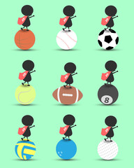 Black man character cartoon stand on sports ball and hands up overhead with wavy Hong Kong flag and green background. Flat graphic. logo design.sports cartoon. sports balls vector. illustration.