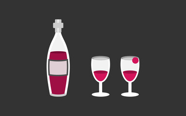 Vector illustration of a bottle of red wine and two glasses on a dark background