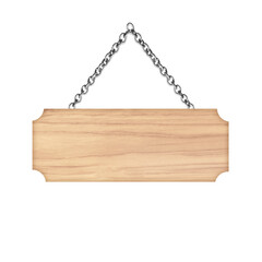 Wooden sign hanging on a chain isolated on white  background