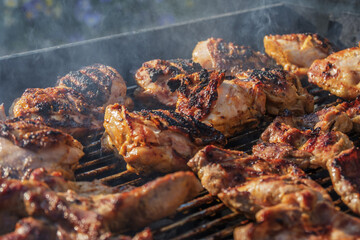 barbecueing on beautifull sunny day. steaks, chicken legs close-up
