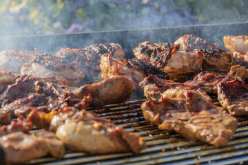 barbecueing on beautifull sunny day. steaks, chicken legs close-up