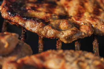 barbecueing on beautifull sunny day. steaks, chicken legs close-up