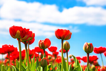 Spring red flowers tulips field.