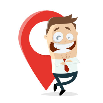 happy businessman leaning on a map pointer