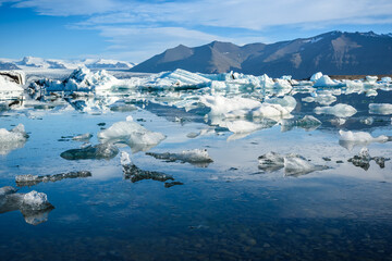 view of icebergs in glacier lagoon, Iceland, global warming concept