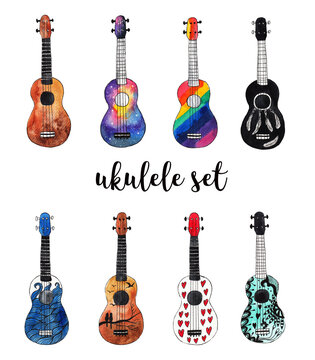 Watercolor ukulele set. Hawaiian guitars on white isolated background