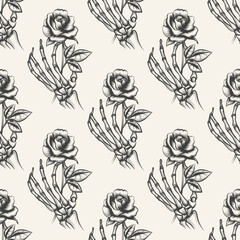 Skeleton arm sketch with rose vector seamless pattern. Background with hand drawn bones hand an flower