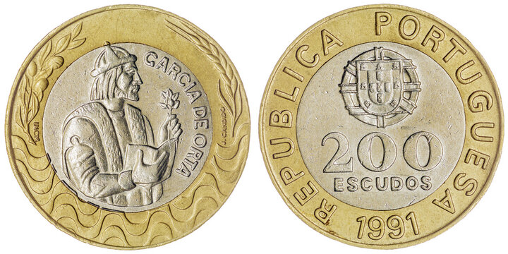 200 escudos 1991 coin isolated on white background, Portugal