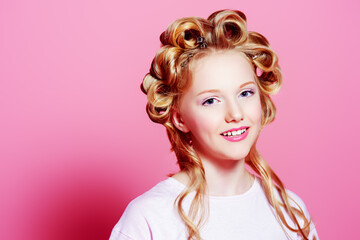 pretty girl with curlers