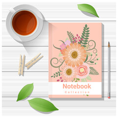 Summer scene with colorful notebook on wooden table background , vector , illustration