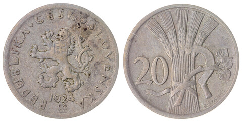 20 haleru 1924 coin isolated on white background, Czechoslovakia
