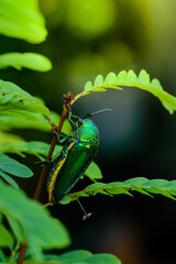 A metallic wood-boring beetle, Jewel beetle, Buprestid (Sternocera aequisignata) in nature