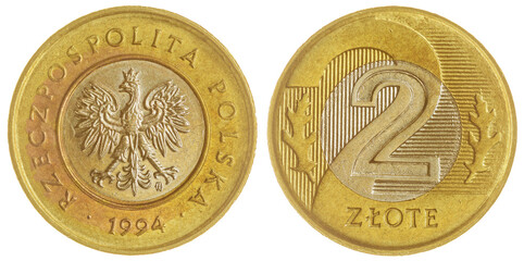 2 zloty 1994 coin isolated on white background, Poland